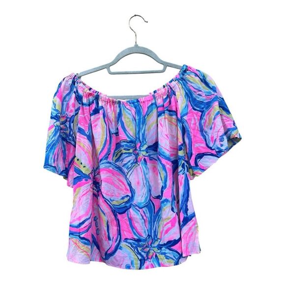 Lilly Pulitzer Top Off The Shoulder Sain Blouse in Pink Sunset Sunny Side - Picture 4 of 7